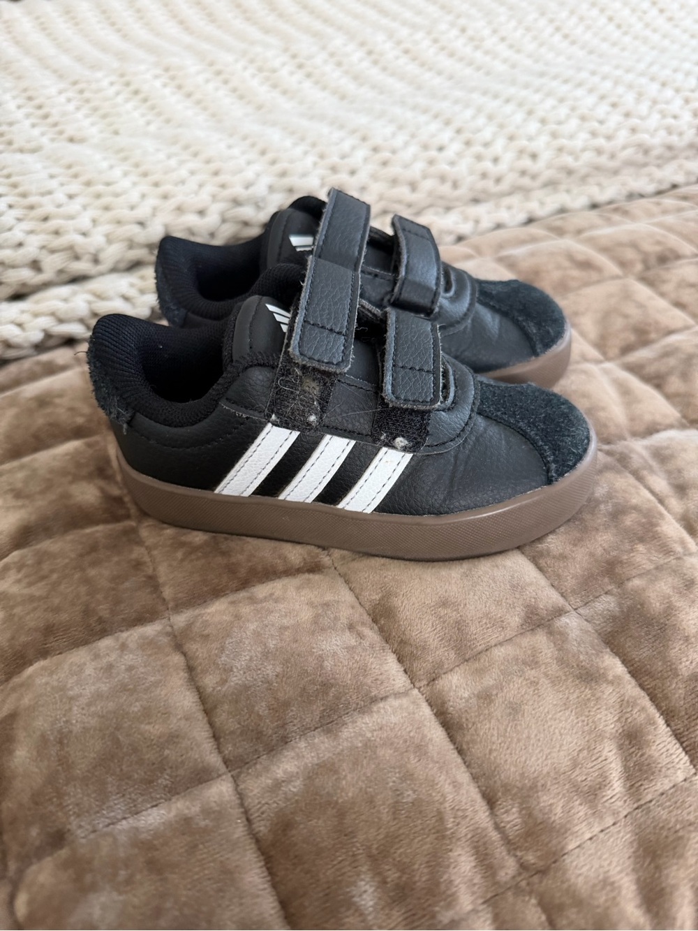 adidas Black Kids Sneakers with White Stripes and Brown Sole